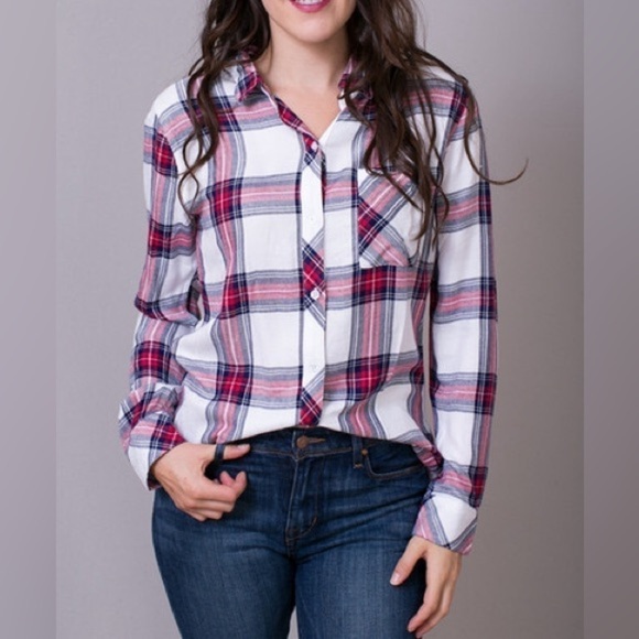RAILS Women’s Hunter Plaid Button-Down Shirt- White Midnight Rose/ Size Small - Picture 2 of 13